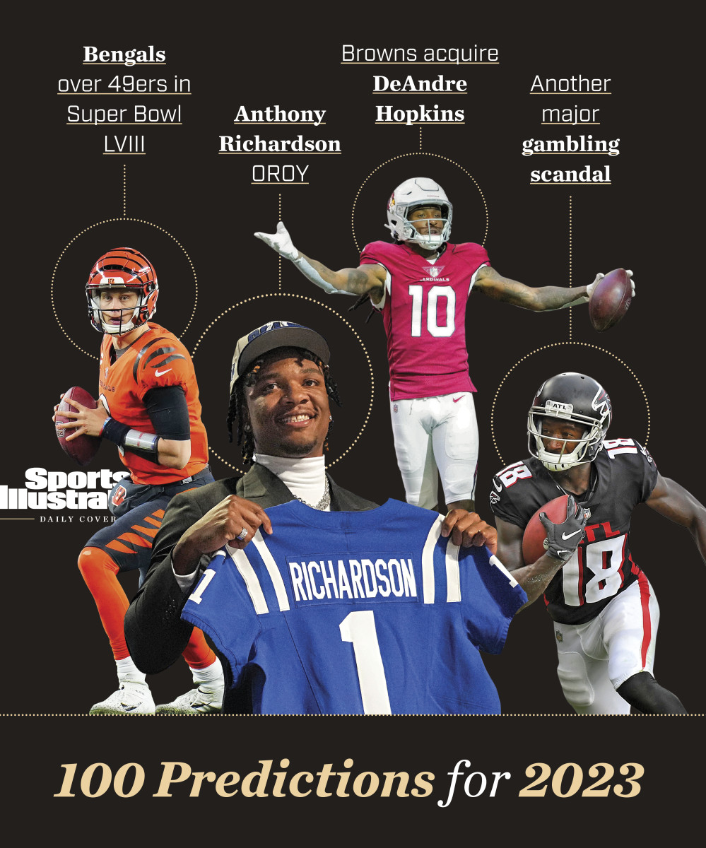 A graphic that says 100 predictions for 2023, with pictures of Joe Burrow, Anthony Richardson, DeAndre Hopkins and Calvin Ridley.